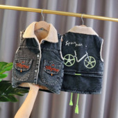 Veste pentru bebeluși Copii iarnă fleece guler răsturnat vestă din blugi Haine de toamnă pentru copii mici, imprimeu desene animate, modă băieți, veste casual de jeans
