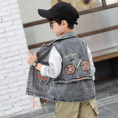 Veste pentru bebeluși Copii iarnă fleece guler răsturnat vestă din blugi Haine de toamnă pentru copii mici, imprimeu desene animate, modă băieți, veste casual de jeans