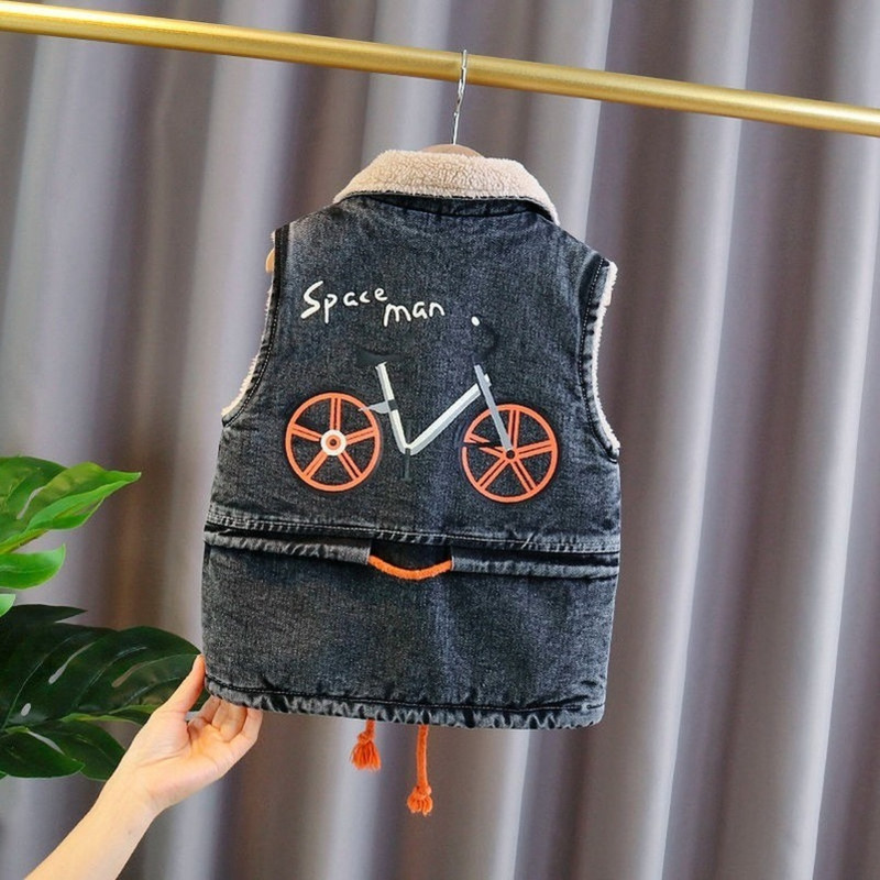 Veste pentru bebeluși Copii iarnă fleece guler răsturnat vestă din blugi Haine de toamnă pentru copii mici, imprimeu desene animate, modă băieți, veste casual de jeans