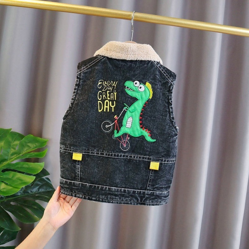 Veste pentru bebeluși Copii iarnă fleece guler răsturnat vestă din blugi Haine de toamnă pentru copii mici, imprimeu desene animate, modă băieți, veste casual de jeans