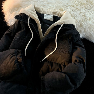 Lažna dvodijelna pamučna jakna s kapuljačom u obliku pisma, američki retro modeli za par, široki, ležerni, univerzalni zimski kaput za žene