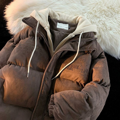 Lažna dvodijelna pamučna jakna s kapuljačom u obliku pisma, američki retro modeli za par, široki, ležerni, univerzalni zimski kaput za žene