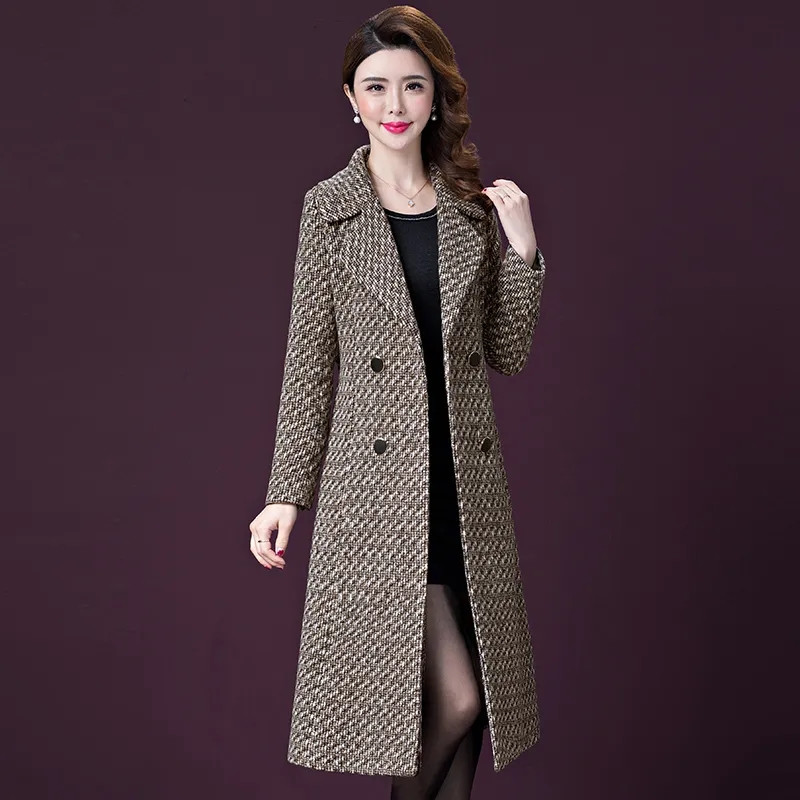 Jesen Zima Nova vunena jakna 6XL Sredovječna majka Tanak temperamentni dugi kaput s remenom Dvostruko kopčanje ženski vuneni kaput