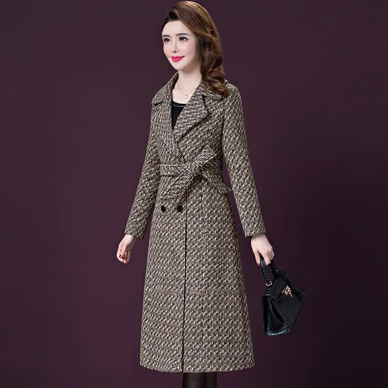 Jesen Zima Nova vunena jakna 6XL Sredovječna majka Tanak temperamentni dugi kaput s remenom Dvostruko kopčanje ženski vuneni kaput