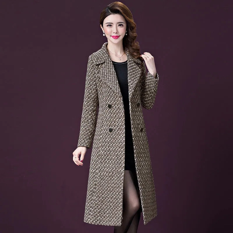 Jesen Zima Nova vunena jakna 6XL Sredovječna majka Tanak temperamentni dugi kaput s remenom Dvostruko kopčanje ženski vuneni kaput