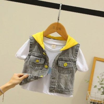 Vasaras modes karikatūras druka Toddler Tank Top Vestes Bērni Ikdienas Kabatas Kapuce Džinsu Vestes Zēniem Zēniem Piedurknēm Džinsu jakas