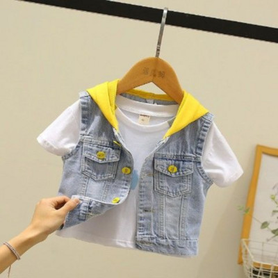 Vasaras modes karikatūras druka Toddler Tank Top Vestes Bērni Ikdienas Kabatas Kapuce Džinsu Vestes Zēniem Zēniem Piedurknēm Džinsu jakas