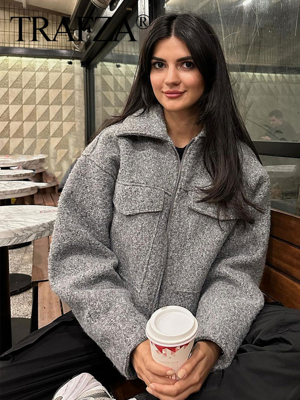 TRAFZA sieviešu eleganta cieta jaka priekšējā kabata ar garām piedurknēm rāvējslēdzēja jakas mētelis sievietēm modes rudens ikdienas virsdrēbes