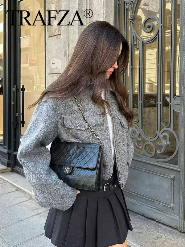 TRAFZA sieviešu eleganta cieta jaka priekšējā kabata ar garām piedurknēm rāvējslēdzēja jakas mētelis sievietēm modes rudens ikdienas virsdrēbes