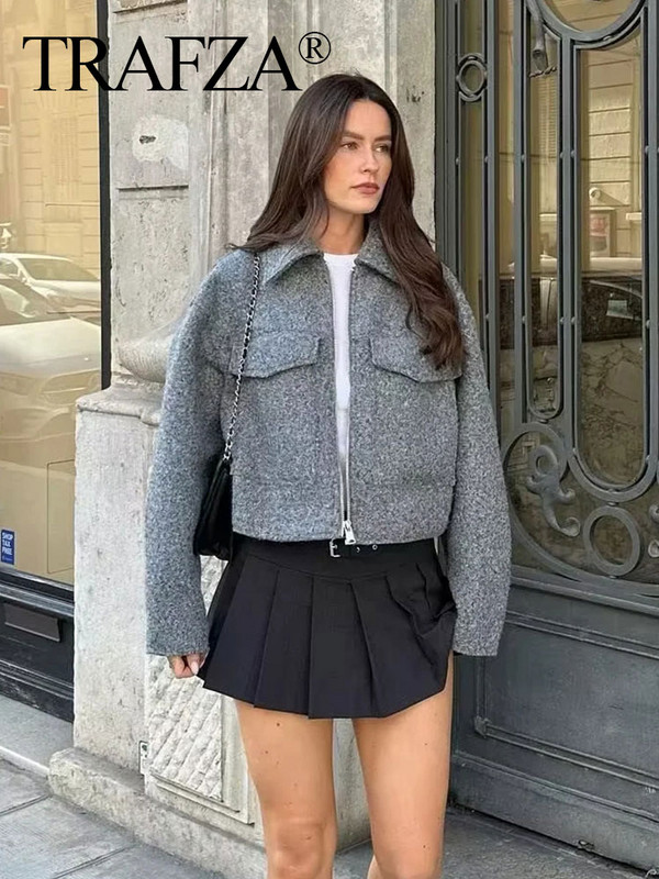 TRAFZA sieviešu eleganta cieta jaka priekšējā kabata ar garām piedurknēm rāvējslēdzēja jakas mētelis sievietēm modes rudens ikdienas virsdrēbes