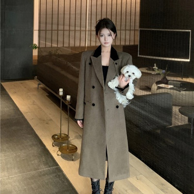 Hot Girl din bumbac în stil britanic Cardigan lung, toamnă iarnă, retro, blană contrastantă, patchwork, trenci de blană colorată cafea