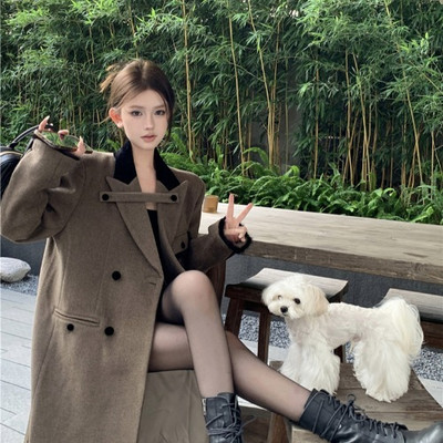 Hot Girl din bumbac în stil britanic Cardigan lung, toamnă iarnă, retro, blană contrastantă, patchwork, trenci de blană colorată cafea