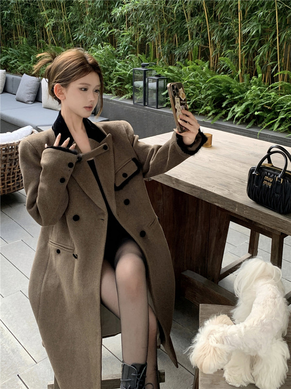 Hot Girl din bumbac în stil britanic Cardigan lung, toamnă iarnă, retro, blană contrastantă, patchwork, trenci de blană colorată cafea