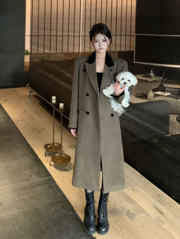 Hot Girl din bumbac în stil britanic Cardigan lung, toamnă iarnă, retro, blană contrastantă, patchwork, trenci de blană colorată cafea