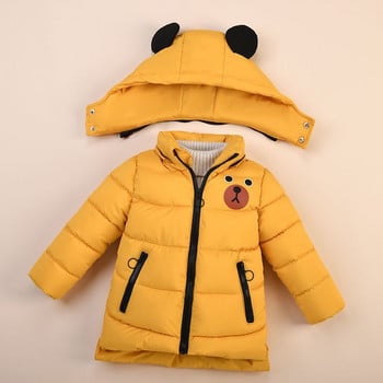 2023 Модно бебешко яке за момчета Есен Зима Карикатура Bear Thicken Затоплящо пухено палто с качулка за деца 1-6 години Детско връхно облекло