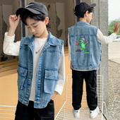 Îmbrăcăminte pentru băieți Vestă din blugi cu imprimeu desenat pentru copii mici, băieți, fără mâneci, guler răsturnat, paltoane pentru băieți 2-12 ani