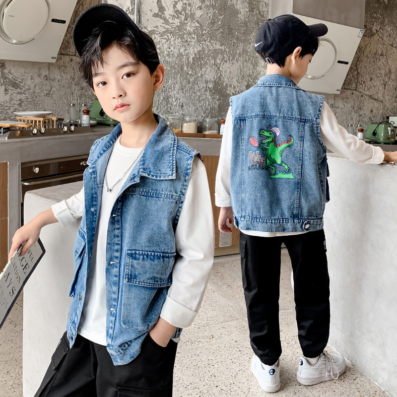 Îmbrăcăminte pentru băieți Vestă din blugi cu imprimeu desenat pentru copii mici, băieți, fără mâneci, guler răsturnat, paltoane pentru băieți 2-12 ani