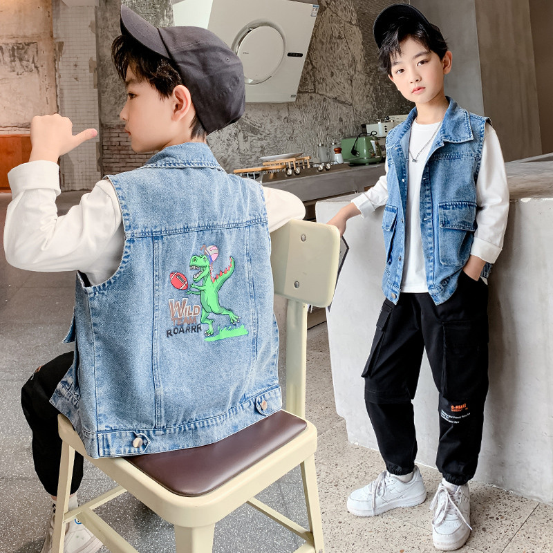 Îmbrăcăminte pentru băieți Vestă din blugi cu imprimeu desenat pentru copii mici, băieți, fără mâneci, guler răsturnat, paltoane pentru băieți 2-12 ani