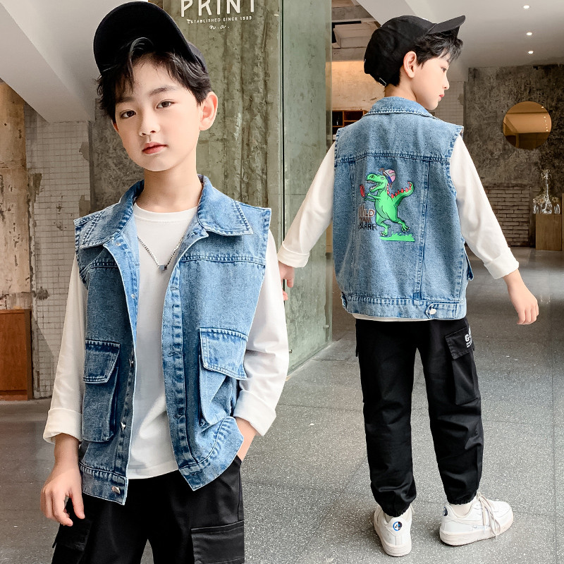 Îmbrăcăminte pentru băieți Vestă din blugi cu imprimeu desenat pentru copii mici, băieți, fără mâneci, guler răsturnat, paltoane pentru băieți 2-12 ani