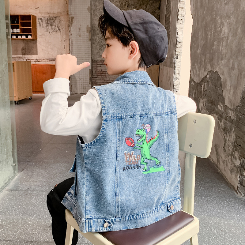 Îmbrăcăminte pentru băieți Vestă din blugi cu imprimeu desenat pentru copii mici, băieți, fără mâneci, guler răsturnat, paltoane pentru băieți 2-12 ani