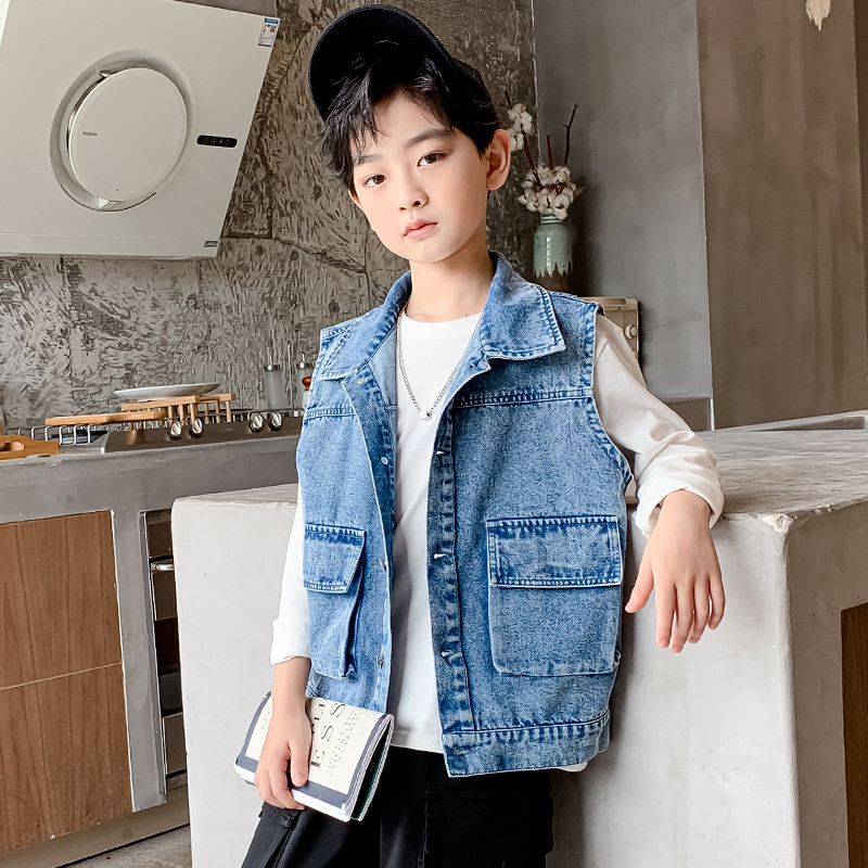 Îmbrăcăminte pentru băieți Vestă din blugi cu imprimeu desenat pentru copii mici, băieți, fără mâneci, guler răsturnat, paltoane pentru băieți 2-12 ani