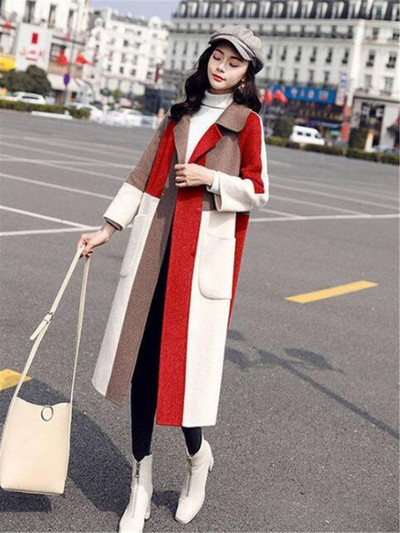 2020, nouă haină lungă pentru femei, haină mare de lână, cu cusături, culoare contrastantă, pardesiu, rezistent la vânt, îmbrăcăminte de birou de calitate pentru femei
