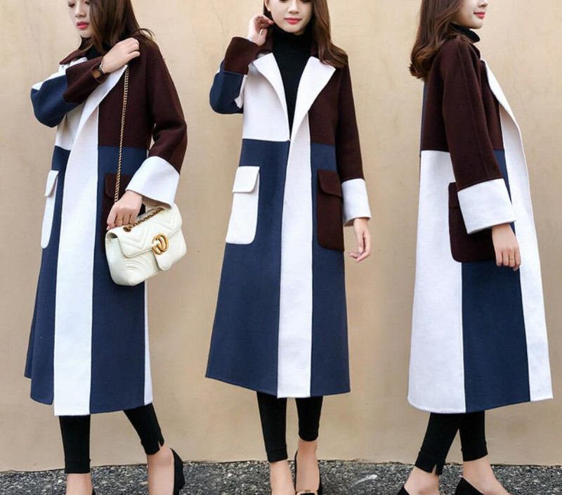 2020, nouă haină lungă pentru femei, haină mare de lână, cu cusături, culoare contrastantă, pardesiu, rezistent la vânt, îmbrăcăminte de birou de calitate pentru femei