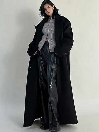 Palton vintage din amestec de lână pentru femei, toamnă iarnă, cu mânecă lungă, cu rever, jachetă lungă pentru femei, modă coreeană, elegantă, largi, supradimensionată