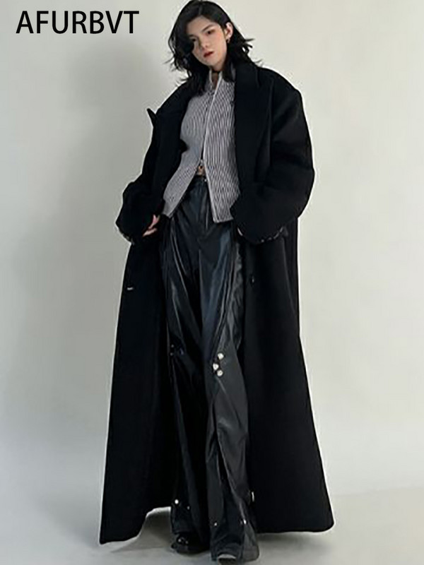 Palton vintage din amestec de lână pentru femei, toamnă iarnă, cu mânecă lungă, cu rever, jachetă lungă pentru femei, modă coreeană, elegantă, largi, supradimensionată