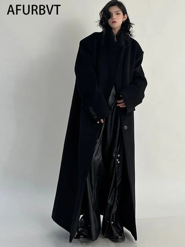 Palton vintage din amestec de lână pentru femei, toamnă iarnă, cu mânecă lungă, cu rever, jachetă lungă pentru femei, modă coreeană, elegantă, largi, supradimensionată