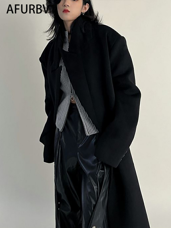 Palton vintage din amestec de lână pentru femei, toamnă iarnă, cu mânecă lungă, cu rever, jachetă lungă pentru femei, modă coreeană, elegantă, largi, supradimensionată