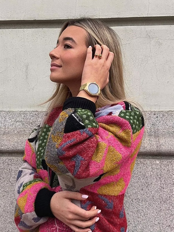 Jachete casual imprimate pentru femei, cu decolteu în V, cu mâneci lungi, cu fermoar metalic în față, jachete largi pentru femei, îmbrăcăminte de stradă, îmbrăcăminte exterioară