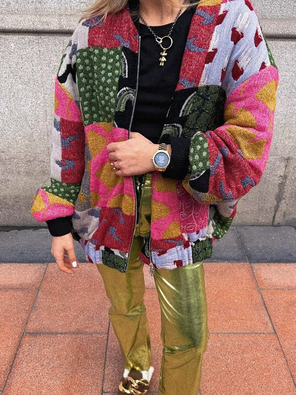 Jachete casual imprimate pentru femei, cu decolteu în V, cu mâneci lungi, cu fermoar metalic în față, jachete largi pentru femei, îmbrăcăminte de stradă, îmbrăcăminte exterioară