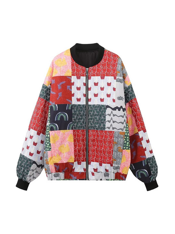 Jachete casual imprimate pentru femei, cu decolteu în V, cu mâneci lungi, cu fermoar metalic în față, jachete largi pentru femei, îmbrăcăminte de stradă, îmbrăcăminte exterioară