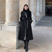 Modni vuneni kaput, ženski kaput jesen/zima 2023., novi crni kaput Hepburn stila, visoki kaput srednje duljine omotan oko struka