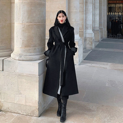 Modni vuneni kaput, ženski kaput jesen/zima 2023., novi crni kaput Hepburn stila, visoki kaput srednje duljine omotan oko struka