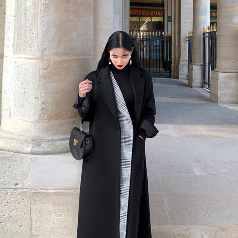 Modni vuneni kaput, ženski kaput jesen/zima 2023., novi crni kaput Hepburn stila, visoki kaput srednje duljine omotan oko struka