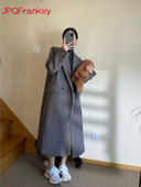 Tamno sivi vuneni kaput Ženska jesen zima Novi Hepburn stil Labavi retro ležerni dugi debeli vuneni kaput Kaput Ženska zimska jakna