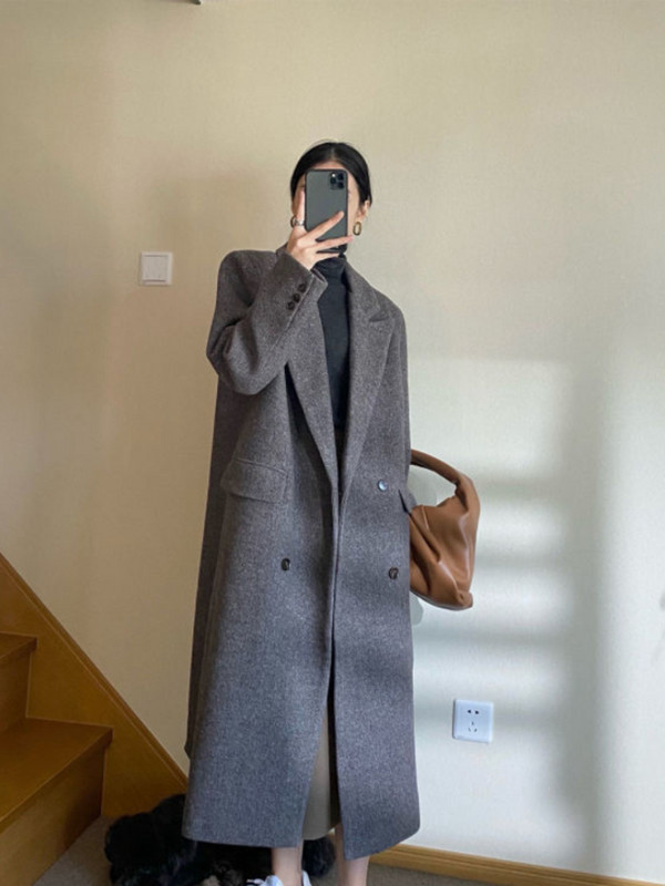 Tamno sivi vuneni kaput Ženska jesen zima Novi Hepburn stil Labavi retro ležerni dugi debeli vuneni kaput Kaput Ženska zimska jakna