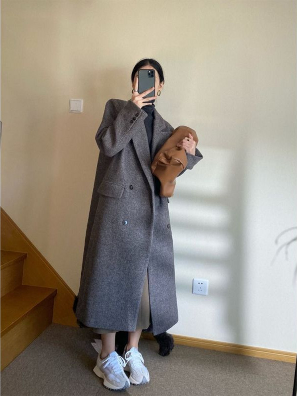 Tamno sivi vuneni kaput Ženska jesen zima Novi Hepburn stil Labavi retro ležerni dugi debeli vuneni kaput Kaput Ženska zimska jakna