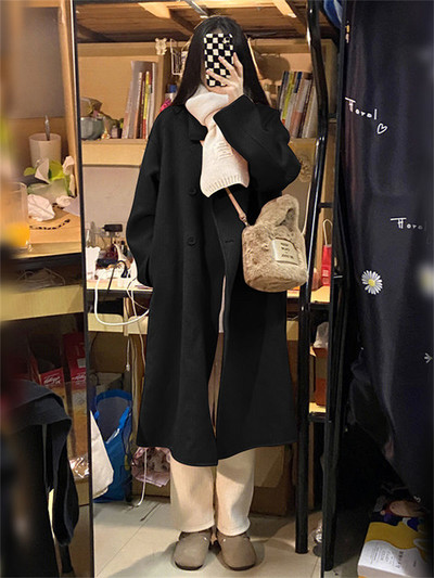 Cotvotee haină lână de lână pentru femei, toamnă iarnă 2023, la modă, cu guler răsturnat, jachetă cu mânecă lungă, ocazional, paltoane lungi la două piept.