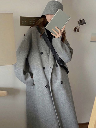 Cotvotee haină lână de lână pentru femei, toamnă iarnă 2023, la modă, cu guler răsturnat, jachetă cu mânecă lungă, ocazional, paltoane lungi la două piept.