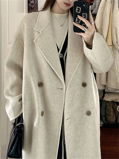 Cotvotee haină lână de lână pentru femei, toamnă iarnă 2023, la modă, cu guler răsturnat, jachetă cu mânecă lungă, ocazional, paltoane lungi la două piept.