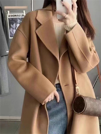 Cotvotee haină lână de lână pentru femei, toamnă iarnă 2023, la modă, cu guler răsturnat, jachetă cu mânecă lungă, ocazional, paltoane lungi la două piept.