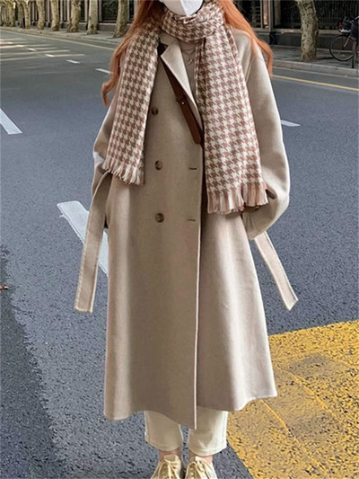 Cotvotee haină lână de lână pentru femei, toamnă iarnă 2023, la modă, cu guler răsturnat, jachetă cu mânecă lungă, ocazional, paltoane lungi la două piept.