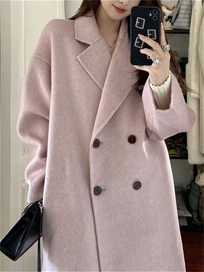 Cotvotee haină lână de lână pentru femei, toamnă iarnă 2023, la modă, cu guler răsturnat, jachetă cu mânecă lungă, ocazional, paltoane lungi la două piept.