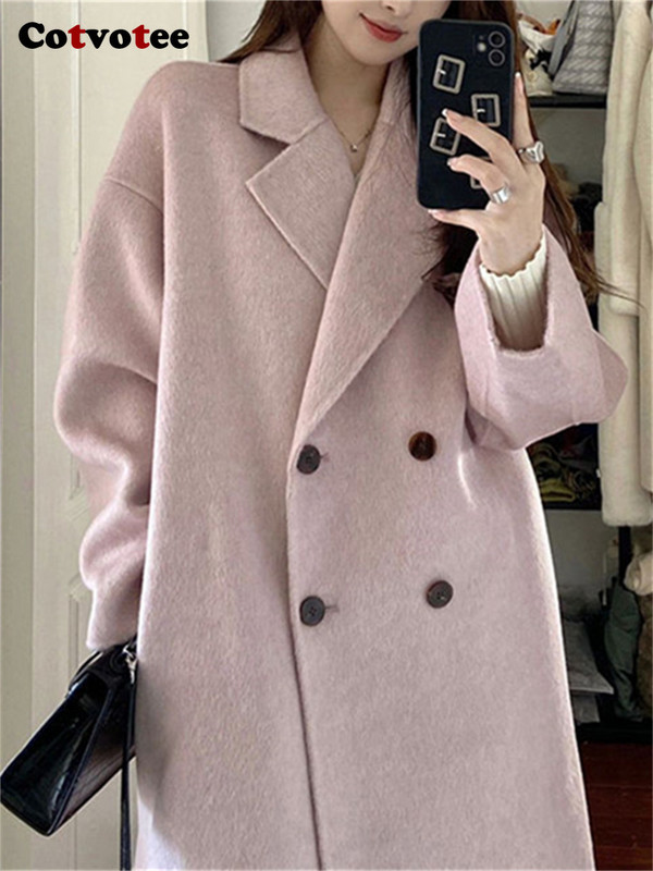 Cotvotee haină lână de lână pentru femei, toamnă iarnă 2023, la modă, cu guler răsturnat, jachetă cu mânecă lungă, ocazional, paltoane lungi la două piept.