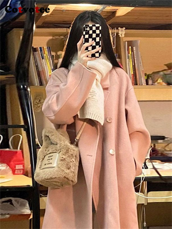 Cotvotee haină lână de lână pentru femei, toamnă iarnă 2023, la modă, cu guler răsturnat, jachetă cu mânecă lungă, ocazional, paltoane lungi la două piept.