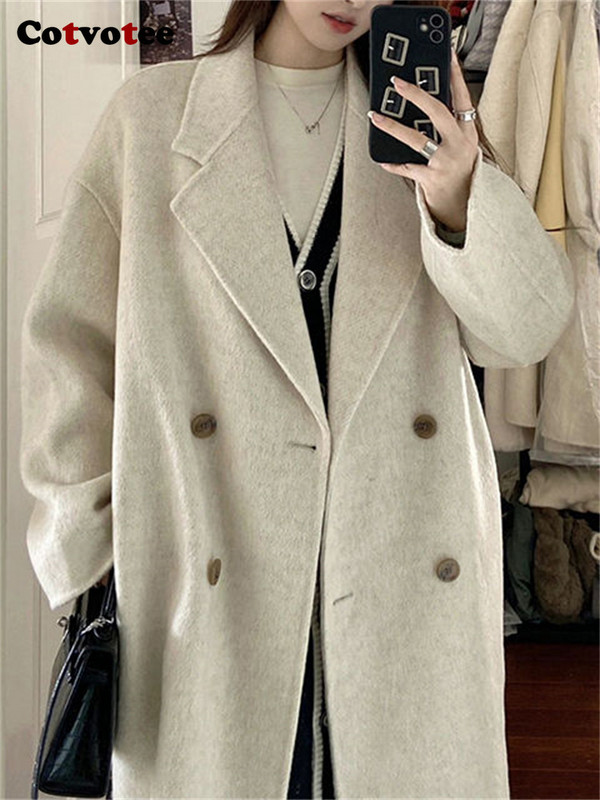 Cotvotee haină lână de lână pentru femei, toamnă iarnă 2023, la modă, cu guler răsturnat, jachetă cu mânecă lungă, ocazional, paltoane lungi la două piept.