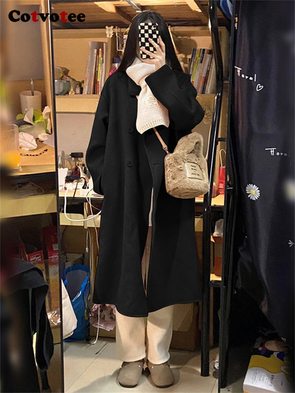 Cotvotee haină lână de lână pentru femei, toamnă iarnă 2023, la modă, cu guler răsturnat, jachetă cu mânecă lungă, ocazional, paltoane lungi la două piept.